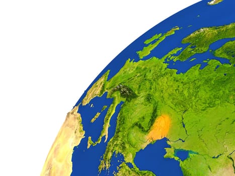 Moldova highlighted in red as seen from Earth's orbit in space. 3D illustration with highly detailed realistic planet surface. Elements of this image furnished by NASA.