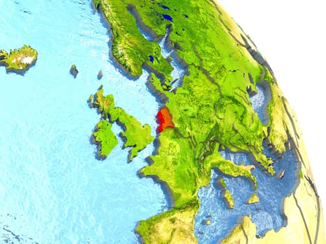 Netherlands in red with surrounding region. 3D illustration with highly detailed realistic planet surface. Elements of this image furnished by NASA.