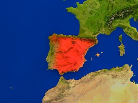 Top-down view of Spain hightlighted in red as seen from Earth's orbit in space. 3D illustration with highly detailed realistic planet surface. Elements of this image furnished by NASA.
