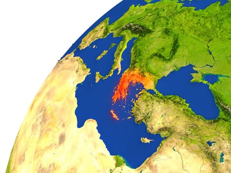 Greece highlighted in red as seen from Earth's orbit in space. 3D illustration with highly detailed realistic planet surface. Elements of this image furnished by NASA.