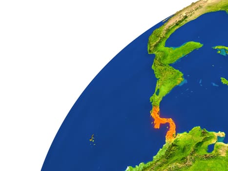 Panama highlighted in red as seen from Earth's orbit in space. 3D illustration with highly detailed realistic planet surface. Elements of this image furnished by NASA.