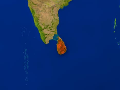 Top-down view of Sri Lanka hightlighted in red as seen from Earth's orbit in space. 3D illustration with highly detailed realistic planet surface. Elements of this image furnished by NASA.