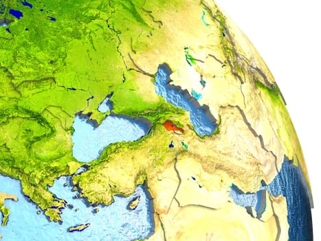 Armenia in red with surrounding region. 3D illustration with highly detailed realistic planet surface. Elements of this image furnished by NASA.