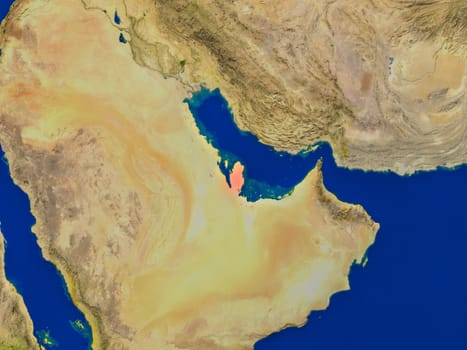 Top-down view of Qatar hightlighted in red as seen from Earth's orbit in space. 3D illustration with highly detailed realistic planet surface. Elements of this image furnished by NASA.