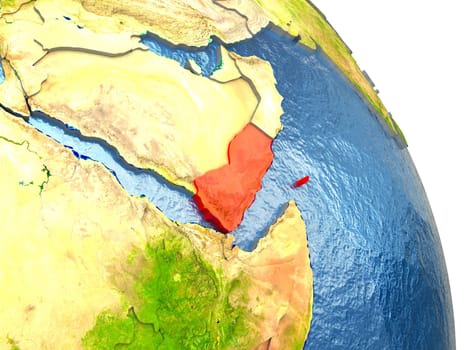 Yemen in red with surrounding region. 3D illustration with highly detailed realistic planet surface. Elements of this image furnished by NASA.