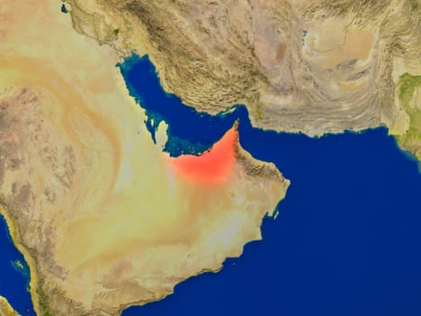 Top-down view of United Arab Emirates hightlighted in red as seen from Earth's orbit in space. 3D illustration with highly detailed realistic planet surface. Elements of this image furnished by NASA.
