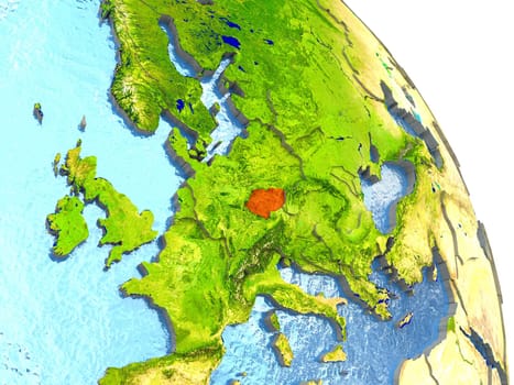 Czech republic in red with surrounding region. 3D illustration with highly detailed realistic planet surface. Elements of this image furnished by NASA.