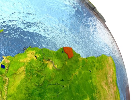 French Guiana in red with surrounding region. 3D illustration with highly detailed realistic planet surface. Elements of this image furnished by NASA.