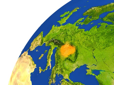 Hungary highlighted in red as seen from Earth's orbit in space. 3D illustration with highly detailed realistic planet surface. Elements of this image furnished by NASA.