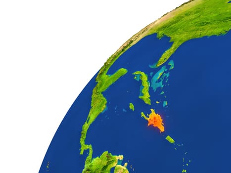 Dominican Republic highlighted in red as seen from Earth's orbit in space. 3D illustration with highly detailed realistic planet surface. Elements of this image furnished by NASA.