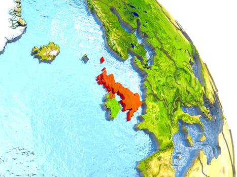 United Kingdom in red with surrounding region. 3D illustration with highly detailed realistic planet surface. Elements of this image furnished by NASA.