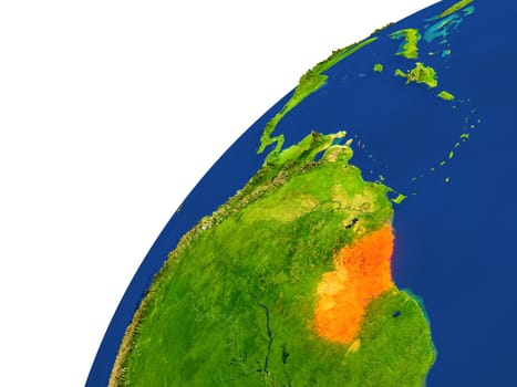 Guyana highlighted in red as seen from Earth's orbit in space. 3D illustration with highly detailed realistic planet surface. Elements of this image furnished by NASA.