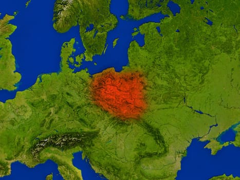 Top-down view of Poland hightlighted in red as seen from Earth's orbit in space. 3D illustration with highly detailed realistic planet surface. Elements of this image furnished by NASA.