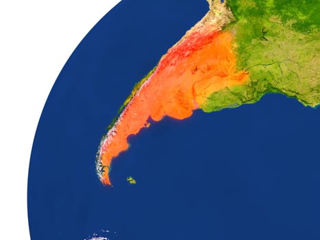 Argentina highlighted in red as seen from Earth's orbit in space. 3D illustration with highly detailed realistic planet surface. Elements of this image furnished by NASA.