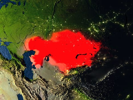 Kazakhstan in red at night as seen from Earth's orbit in space. 3D illustration with highly detailed realistic planet surface. Elements of this image furnished by NASA.