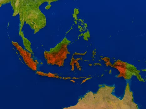 Top-down view of Indonesia hightlighted in red as seen from Earth's orbit in space. 3D illustration with highly detailed realistic planet surface. Elements of this image furnished by NASA.