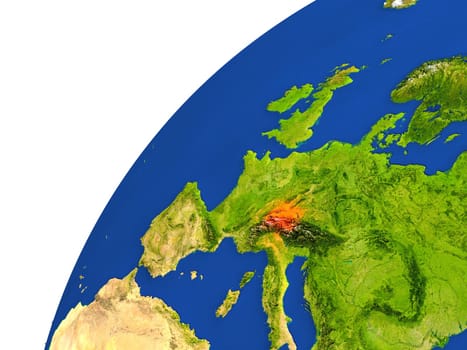 Switzerland highlighted in red as seen from Earth's orbit in space. 3D illustration with highly detailed realistic planet surface. Elements of this image furnished by NASA.