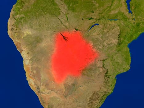Top-down view of Botswana hightlighted in red as seen from Earth's orbit in space. 3D illustration with highly detailed realistic planet surface. Elements of this image furnished by NASA.