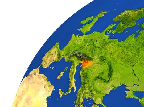 Slovenia highlighted in red as seen from Earth's orbit in space. 3D illustration with highly detailed realistic planet surface. Elements of this image furnished by NASA.