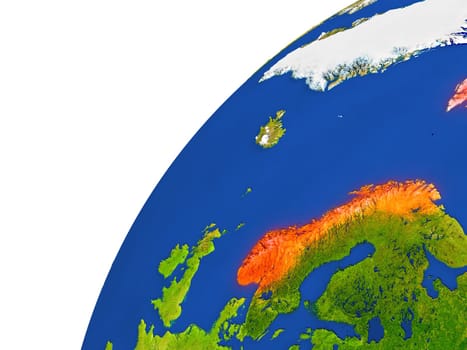 Norway highlighted in red as seen from Earth's orbit in space. 3D illustration with highly detailed realistic planet surface. Elements of this image furnished by NASA.