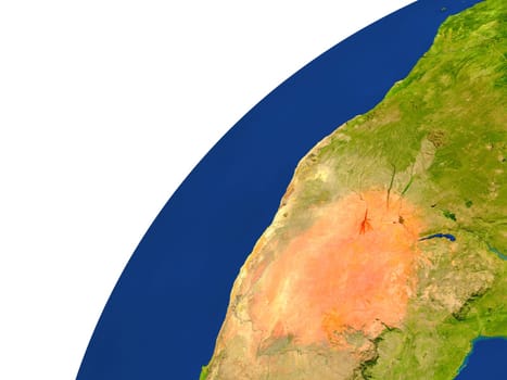 Botswana highlighted in red as seen from Earth's orbit in space. 3D illustration with highly detailed realistic planet surface. Elements of this image furnished by NASA.