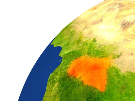 Central Africa highlighted in red as seen from Earth's orbit in space. 3D illustration with highly detailed realistic planet surface. Elements of this image furnished by NASA.
