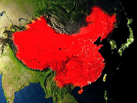 China in red at night as seen from Earth's orbit in space. 3D illustration with highly detailed realistic planet surface. Elements of this image furnished by NASA.