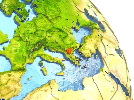 Macedonia in red with surrounding region. 3D illustration with highly detailed realistic planet surface. Elements of this image furnished by NASA.