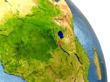 Burundi in red with surrounding region. 3D illustration with highly detailed realistic planet surface. Elements of this image furnished by NASA.