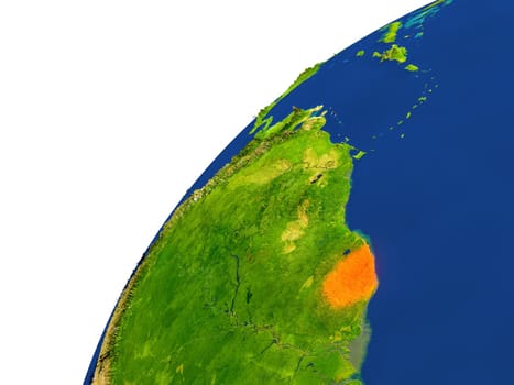 French Guiana highlighted in red as seen from Earth's orbit in space. 3D illustration with highly detailed realistic planet surface. Elements of this image furnished by NASA.