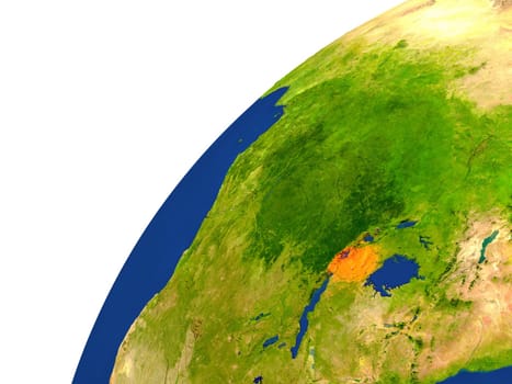 Rwanda highlighted in red as seen from Earth's orbit in space. 3D illustration with highly detailed realistic planet surface. Elements of this image furnished by NASA.