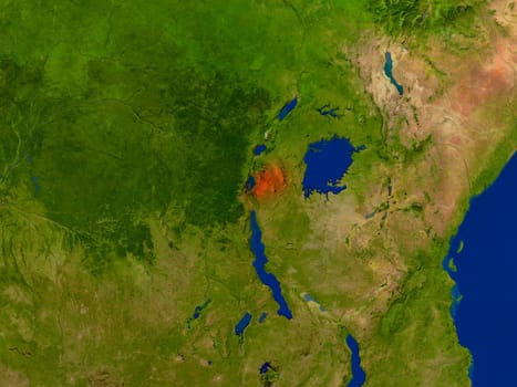 Top-down view of Rwanda hightlighted in red as seen from Earth's orbit in space. 3D illustration with highly detailed realistic planet surface. Elements of this image furnished by NASA.
