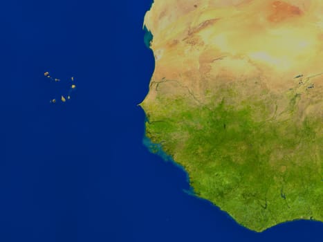 Top-down view of Gambia hightlighted in red as seen from Earth's orbit in space. 3D illustration with highly detailed realistic planet surface. Elements of this image furnished by NASA.