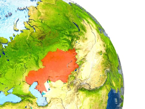 Kazakhstan in red with surrounding region. 3D illustration with highly detailed realistic planet surface. Elements of this image furnished by NASA.