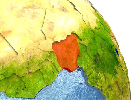 Nigeria in red with surrounding region. 3D illustration with highly detailed realistic planet surface. Elements of this image furnished by NASA.
