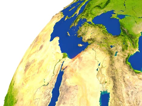 Israel highlighted in red as seen from Earth's orbit in space. 3D illustration with highly detailed realistic planet surface. Elements of this image furnished by NASA.