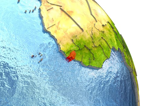 Guinea-Bissau in red with surrounding region. 3D illustration with highly detailed realistic planet surface. Elements of this image furnished by NASA.