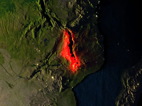 Malawi in red at night as seen from Earth's orbit in space. 3D illustration with highly detailed realistic planet surface. Elements of this image furnished by NASA.