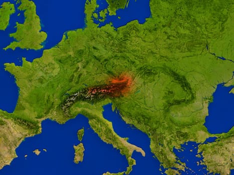 Top-down view of Austria hightlighted in red as seen from Earth's orbit in space. 3D illustration with highly detailed realistic planet surface. Elements of this image furnished by NASA.