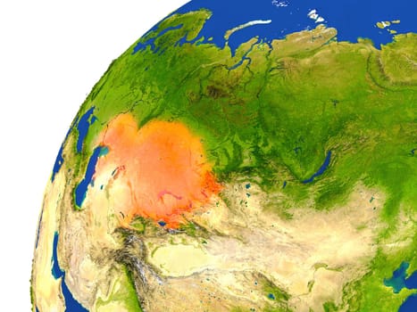 Kazakhstan highlighted in red as seen from Earth's orbit in space. 3D illustration with highly detailed realistic planet surface. Elements of this image furnished by NASA.