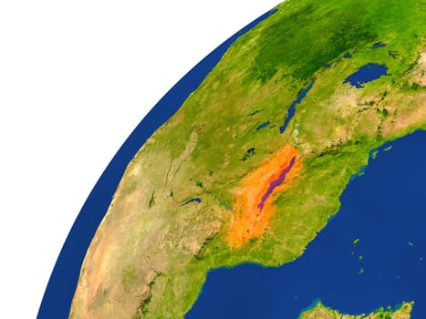 Malawi highlighted in red as seen from Earth's orbit in space. 3D illustration with highly detailed realistic planet surface. Elements of this image furnished by NASA.