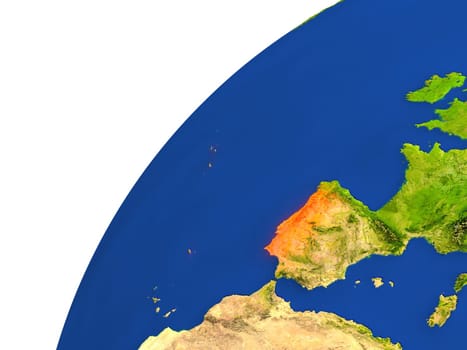Portugal highlighted in red as seen from Earth's orbit in space. 3D illustration with highly detailed realistic planet surface. Elements of this image furnished by NASA.