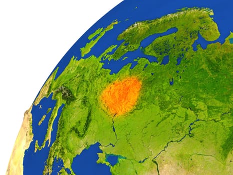 Belarus highlighted in red as seen from Earth's orbit in space. 3D illustration with highly detailed realistic planet surface. Elements of this image furnished by NASA.