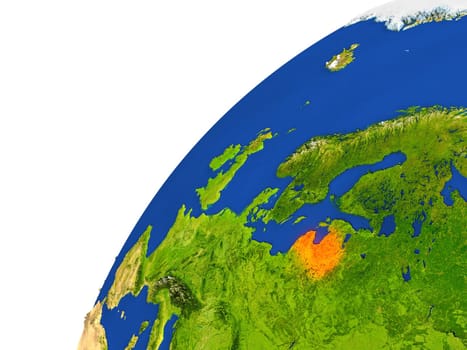 Latvia highlighted in red as seen from Earth's orbit in space. 3D illustration with highly detailed realistic planet surface. Elements of this image furnished by NASA.