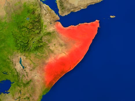 Top-down view of Somalia hightlighted in red as seen from Earth's orbit in space. 3D illustration with highly detailed realistic planet surface. Elements of this image furnished by NASA.