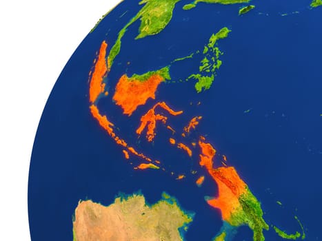 Indonesia highlighted in red as seen from Earth's orbit in space. 3D illustration with highly detailed realistic planet surface. Elements of this image furnished by NASA.