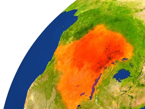 Democratic Republic of Congo highlighted in red as seen from Earth's orbit in space. 3D illustration with highly detailed realistic planet surface. Elements of this image furnished by NASA.