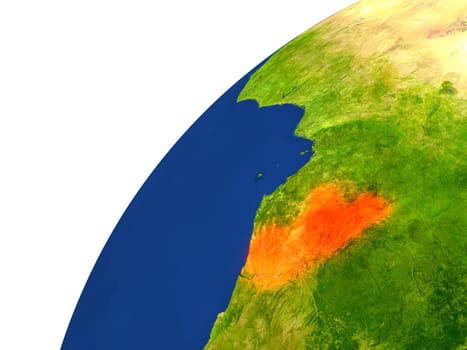 Congo highlighted in red as seen from Earth's orbit in space. 3D illustration with highly detailed realistic planet surface. Elements of this image furnished by NASA.