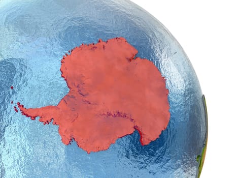Antarctica in red with surrounding region. 3D illustration with highly detailed realistic planet surface. Elements of this image furnished by NASA.