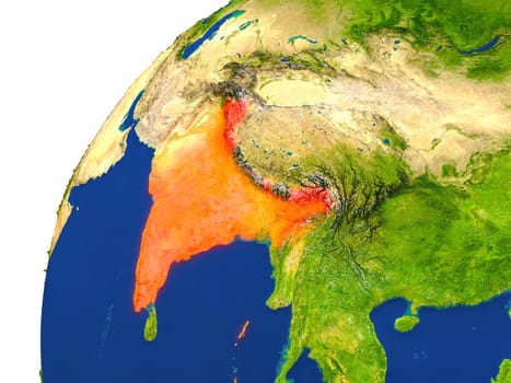 India highlighted in red as seen from Earth's orbit in space. 3D illustration with highly detailed realistic planet surface. Elements of this image furnished by NASA.